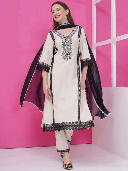 Off White Cotton Flex Embroidered Suit with Dupatta-WRS002