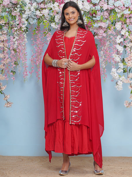 Red Full Length Anarkali Gown with Hand Embellished Cape-WRK472