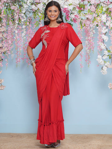 Red Drape Skirt with hand embellished short kurta with 3D flowers-WRKS194