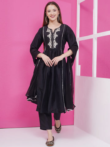 Black Silk Muslin Hand embellished Suit with Dupatta-WRS003