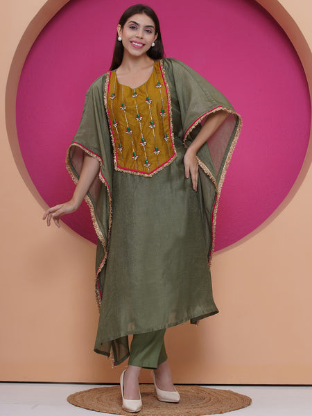 Green Kaftaan 3 pcs set with kundaan work-WRKS189