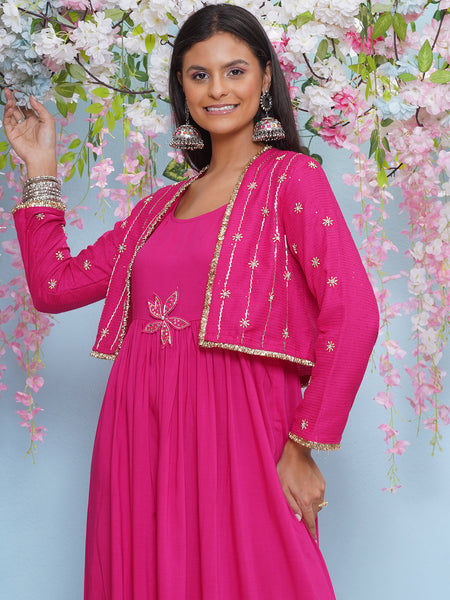 Pink Full Lenght Anarkali Gown with Hand embellished short jacket-WRK473