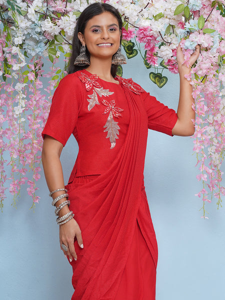 Red Drape Skirt with hand embellished short kurta with 3D flowers-WRKS194