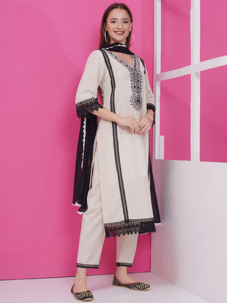 Off White Cotton Flex Embroidered Suit with Dupatta-WRS002
