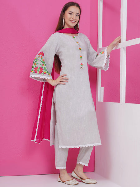 Grey Handloom Cotton Suit set with Dupatta-WRS001
