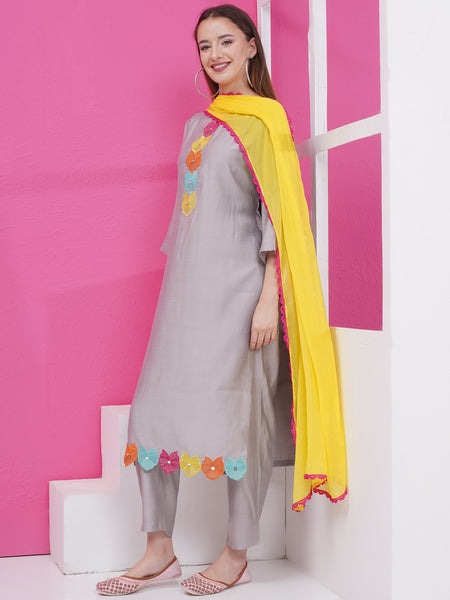 Grey Embroidered Suit with Dupatta-WRS004