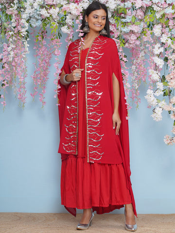 Red Full Length Anarkali Gown with Hand Embellished Cape-WRK472