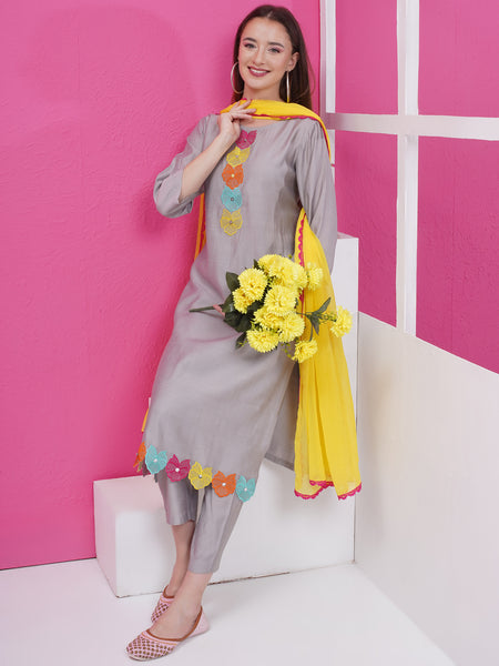 Grey Embroidered Suit with Dupatta-WRS004