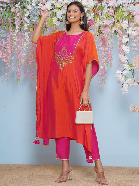 Orange And Pink Dual Tone Hand Embellished Kaftaan with Pants-WRKS197