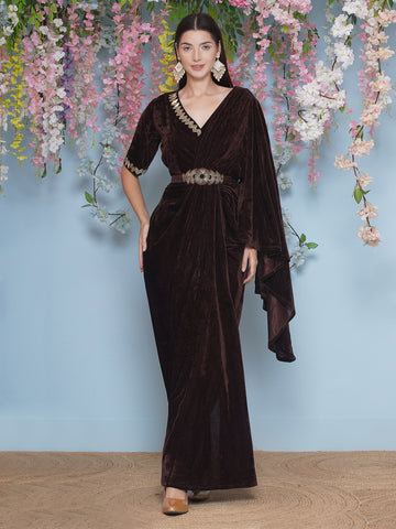 Brown Velvet Hand Embellished gown with belt-WRK475