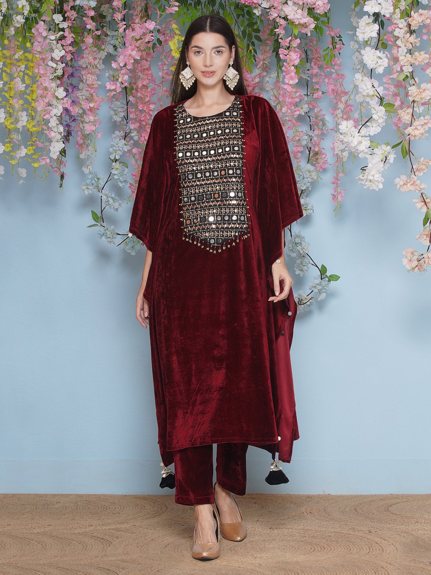 Maroon Hand Embellished velvet Kaftaan set-