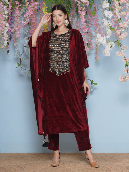 Maroon Hand Embellished velvet Kaftaan set-