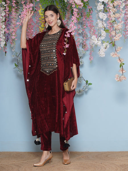 Maroon Hand Embellished velvet Kaftaan set-