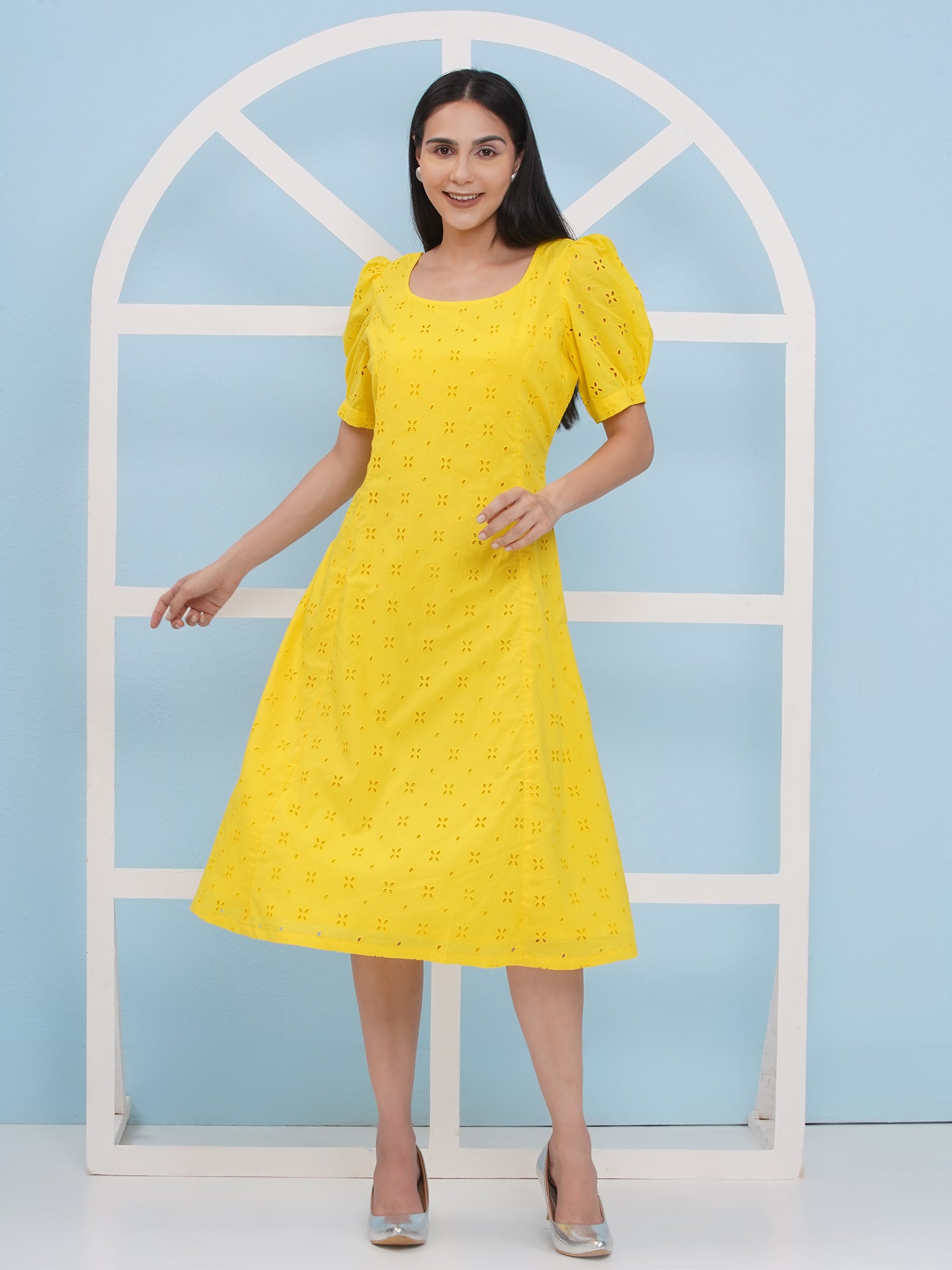 Yellow Cotton Schiffli Dress-WRK472