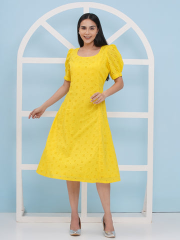 Yellow Cotton Schiffli Dress-WRK472