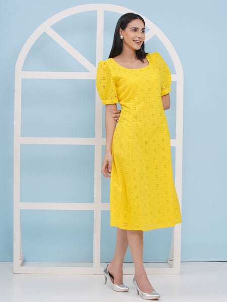 Yellow Cotton Schiffli Dress-WRK472