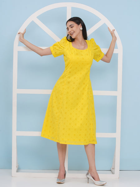 Yellow Cotton Schiffli Dress-WRK472