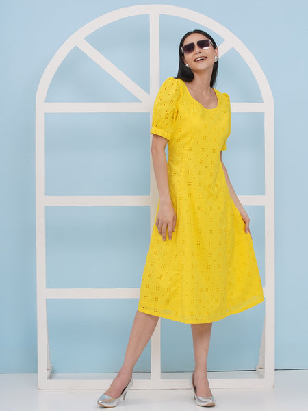 Yellow Cotton Schiffli Dress-WRK472