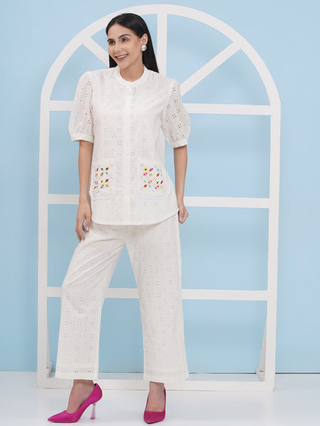 White Cotton Schiffli Coord Set-WRKS180