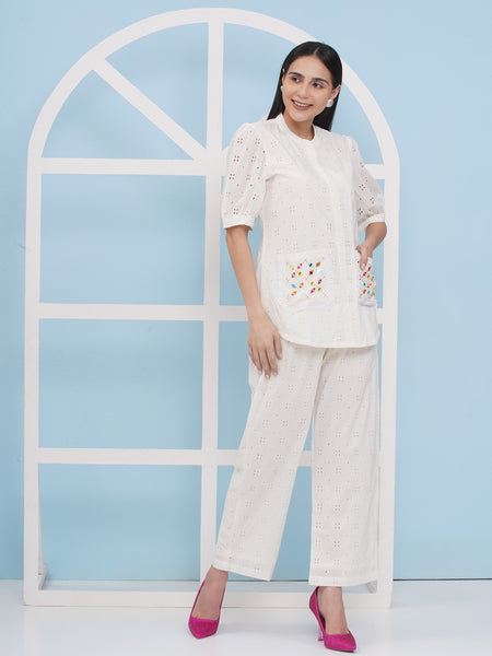 White Cotton Schiffli Coord Set-WRKS180