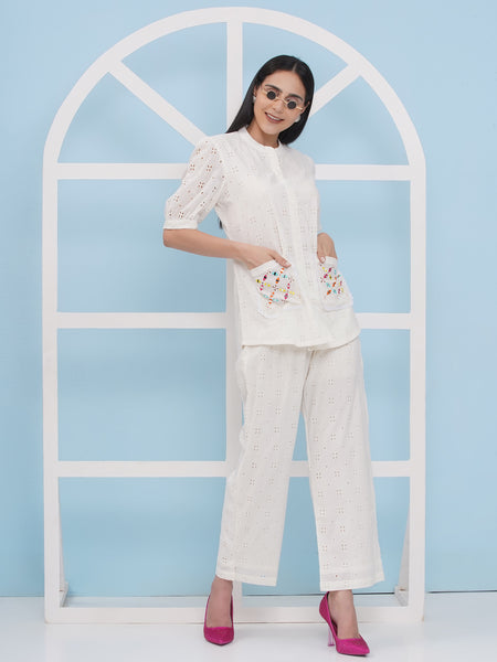 White Cotton Schiffli Coord Set-WRKS180