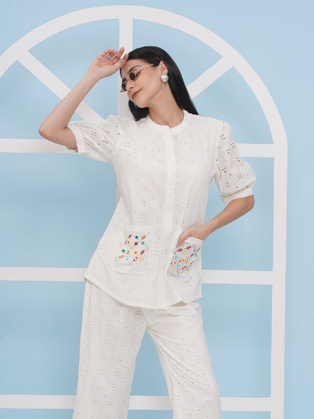 White Cotton Schiffli Coord Set-WRKS180