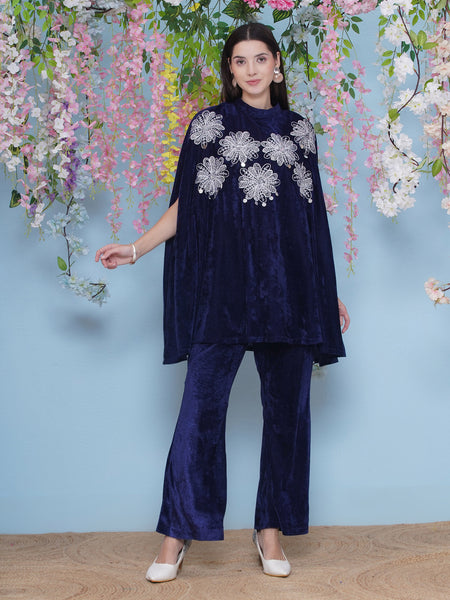 Navy Blue Embroidered Kurta with bellbottom Pants-WRKS221