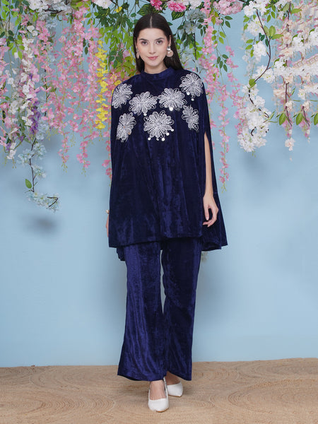 Navy Blue Embroidered Kurta with bellbottom Pants-WRKS221