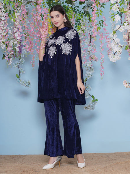 Navy Blue Embroidered Kurta with bellbottom Pants-WRKS221