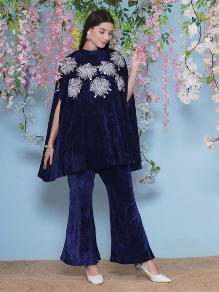 Navy Blue Embroidered Kurta with bellbottom Pants-WRKS221