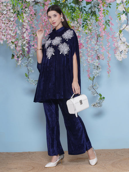 Navy Blue Embroidered Kurta with bellbottom Pants-WRKS221