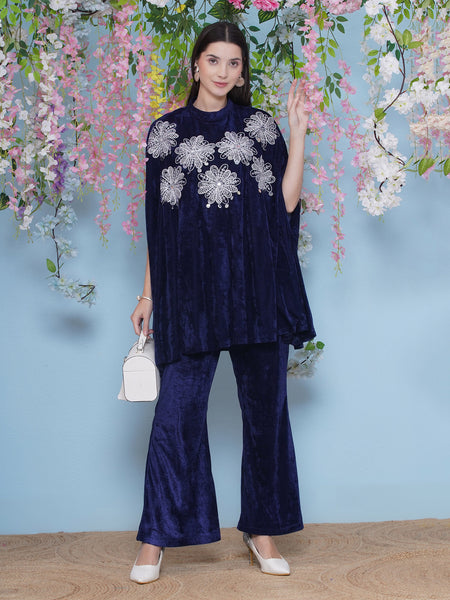 Navy Blue Embroidered Kurta with bellbottom Pants-WRKS221