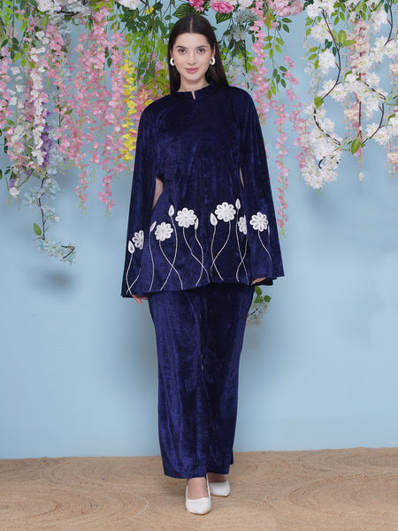 Navy Blue Embroidered Cape with inner and Bellbottom pants-WRKS212