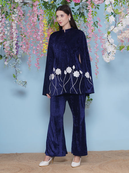 Navy Blue Embroidered Cape with inner and Bellbottom pants-WRKS212