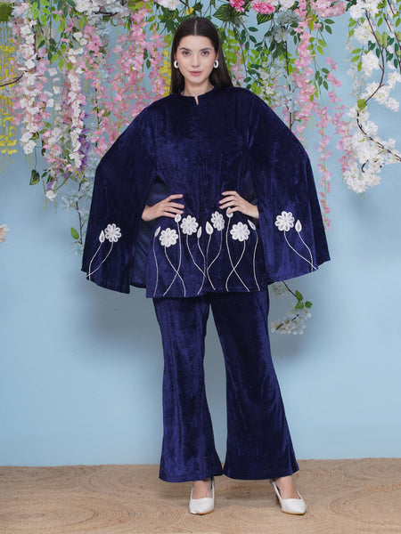 Navy Blue Embroidered Cape with inner and Bellbottom pants-WRKS212