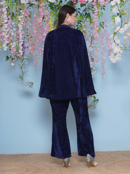 Navy Blue Embroidered Cape with inner and Bellbottom pants-WRKS212