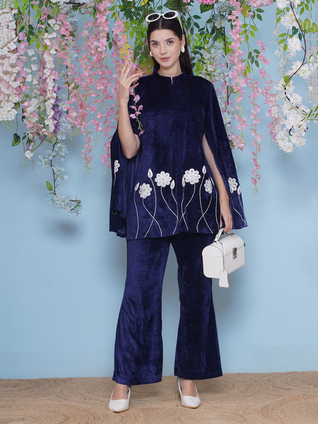 Navy Blue Embroidered Cape with inner and Bellbottom pants-WRKS212