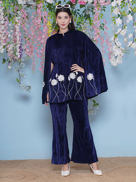 Navy Blue Embroidered Cape with inner and Bellbottom pants-WRKS212