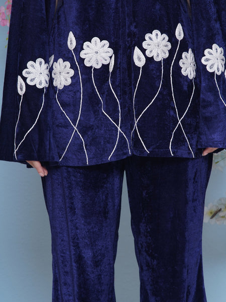 Navy Blue Embroidered Cape with inner and Bellbottom pants-WRKS212