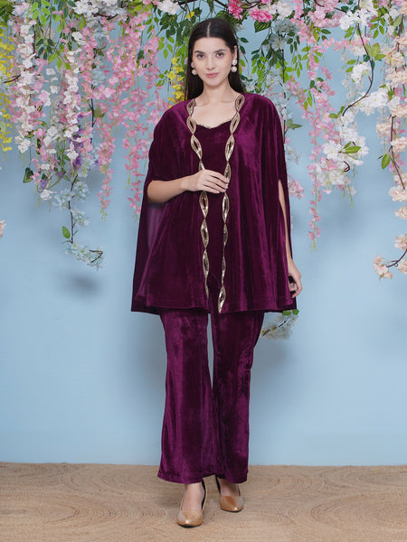 Wine Velvet Hand Embellished Cape With Inner and Bellbottom Pants-WRKS219