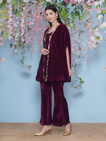 Wine Velvet Hand Embellished Cape With Inner and Bellbottom Pants-WRKS219