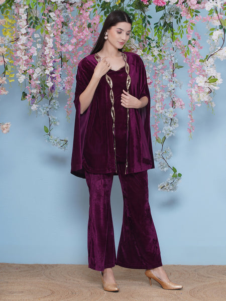 Wine Velvet Hand Embellished Cape With Inner and Bellbottom Pants-WRKS219