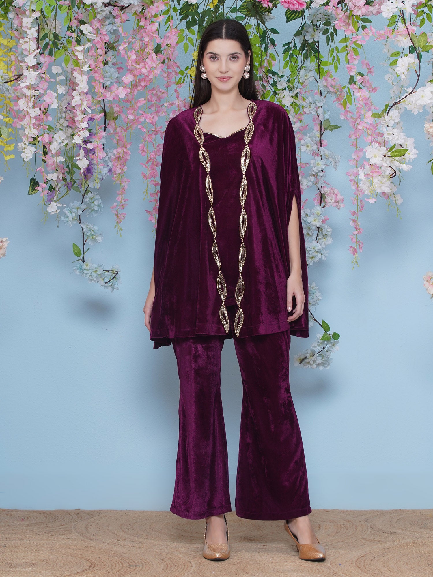 Wine Velvet Hand Embellished Cape With Inner and Bellbottom Pants-WRKS219