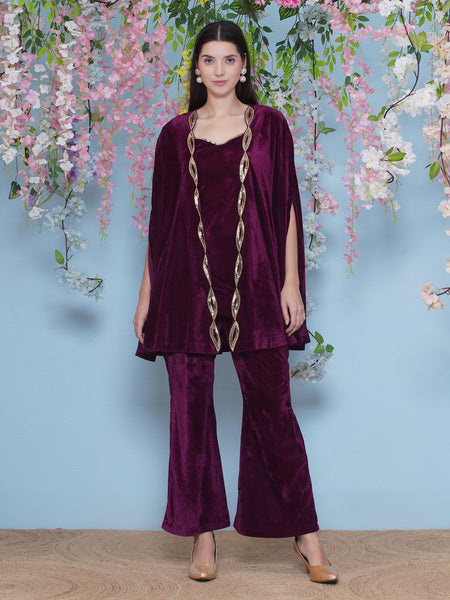 Wine Velvet Hand Embellished Cape With Inner and Bellbottom Pants-WRKS219