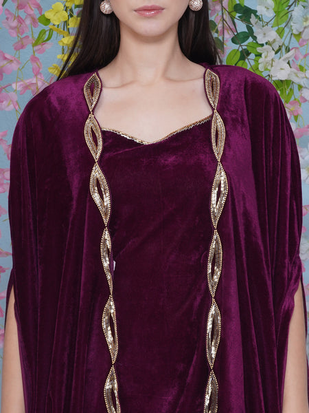 Wine Velvet Hand Embellished Cape With Inner and Bellbottom Pants-WRKS219