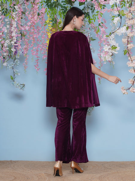 Wine Velvet Hand Embellished Cape With Inner and Bellbottom Pants-WRKS219