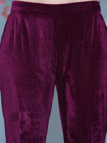 Wine Velvet Hand Embellished Cape With Inner and Bellbottom Pants-WRKS219