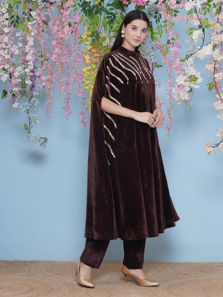 Brown Velvet Hand Embellished Long Cape Style Kurta and Pant