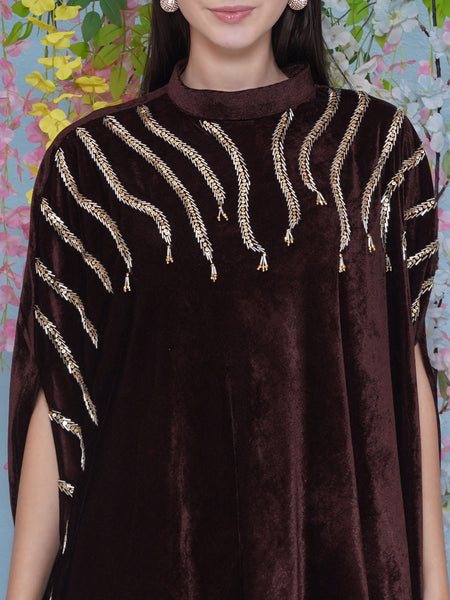 Brown Velvet Hand Embellished Long Cape Style Kurta and Pant