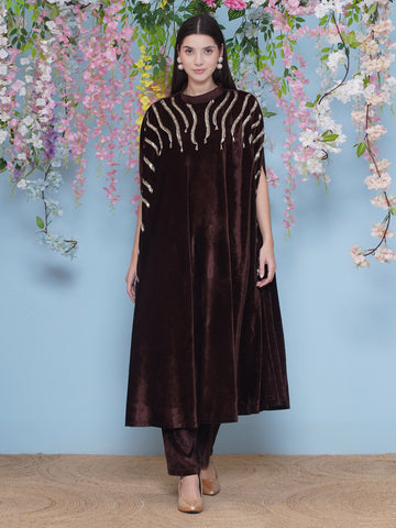 Brown Velvet Hand Embellished Long Cape Style Kurta and Pant